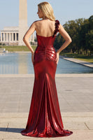Load image into Gallery viewer, Sparkly Red Ruched Metallic Long Corset Prom Dress with 3D Flowers