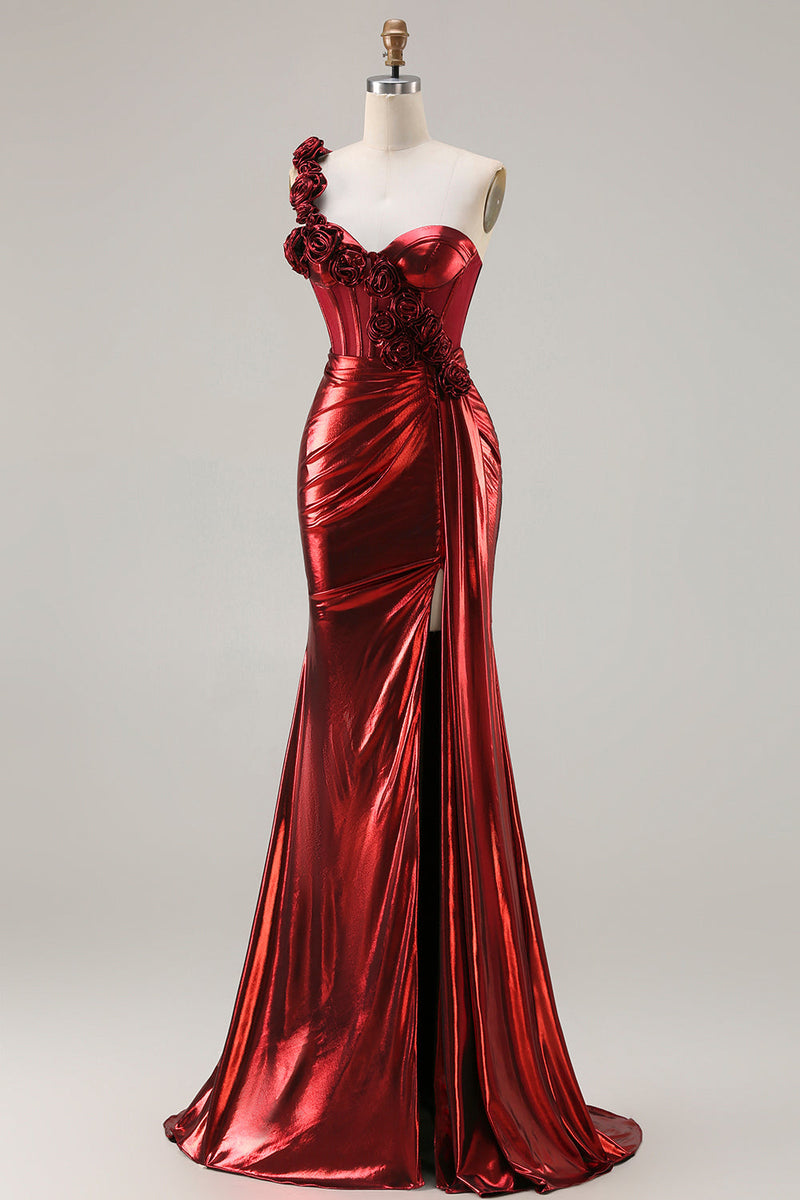 Load image into Gallery viewer, Sparkly Red Ruched Metallic Long Corset Prom Dress with 3D Flowers