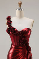 Load image into Gallery viewer, Sparkly Red Ruched Metallic Long Corset Prom Dress with 3D Flowers