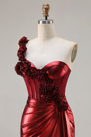 Load image into Gallery viewer, Sparkly Red Ruched Metallic Long Corset Prom Dress with 3D Flowers