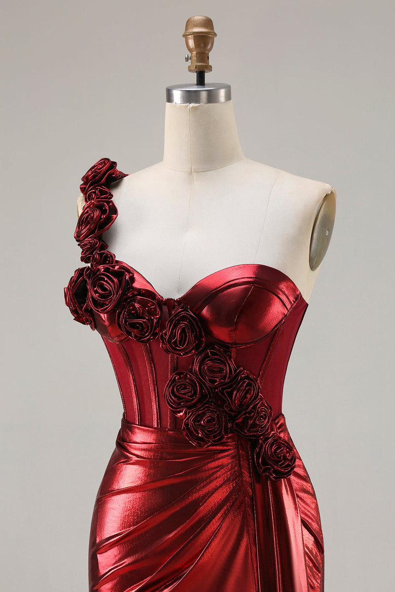 Load image into Gallery viewer, Sparkly Red Ruched Metallic Long Corset Prom Dress with 3D Flowers