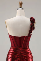 Load image into Gallery viewer, Sparkly Red Ruched Metallic Long Corset Prom Dress with 3D Flowers