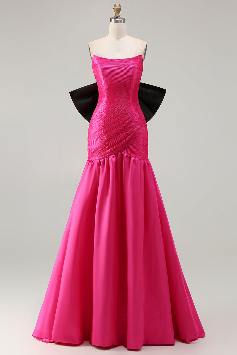 Load image into Gallery viewer, Fuchsia Strapless Long Mermaid Prom Dress with Bow