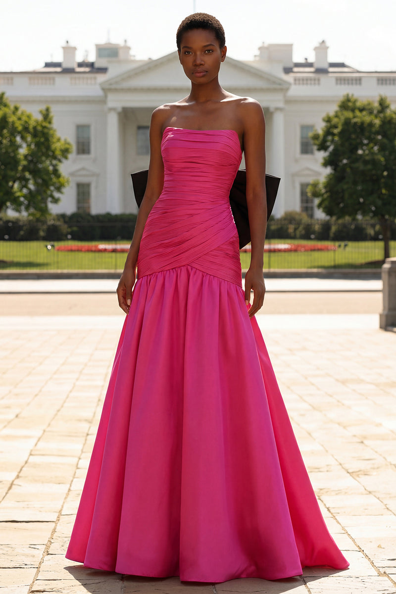 Load image into Gallery viewer, Fuchsia Strapless Long Mermaid Prom Dress with Bow