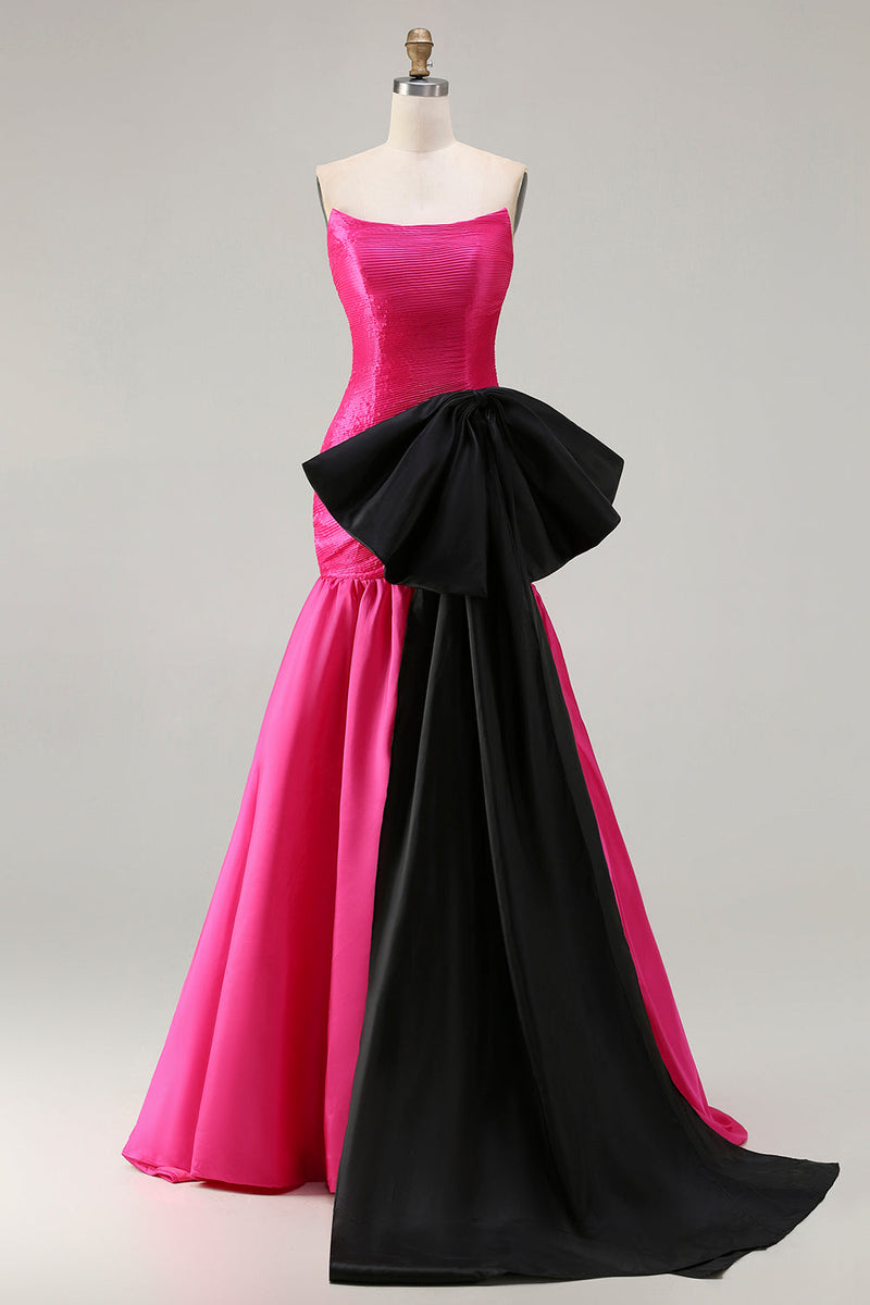Load image into Gallery viewer, Fuchsia Strapless Long Mermaid Prom Dress with Bow