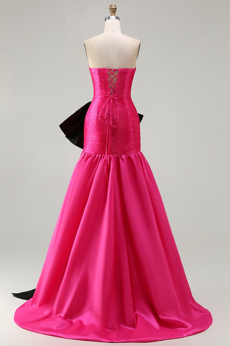 Load image into Gallery viewer, Fuchsia Strapless Long Mermaid Prom Dress with Bow