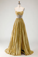 Load image into Gallery viewer, Sparkly Golden A Line Metallic Long Corset Prom Dress with Slit