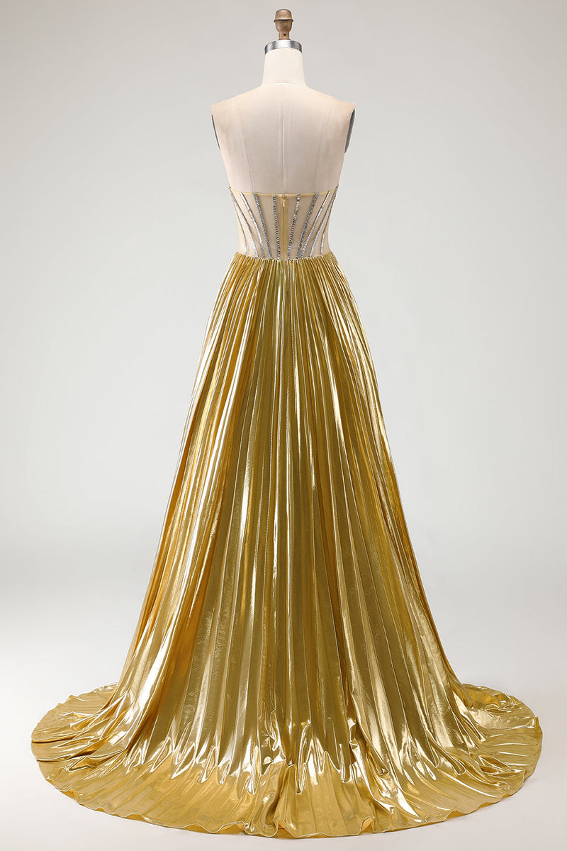 Load image into Gallery viewer, Sparkly Golden A Line Metallic Long Corset Prom Dress with Slit