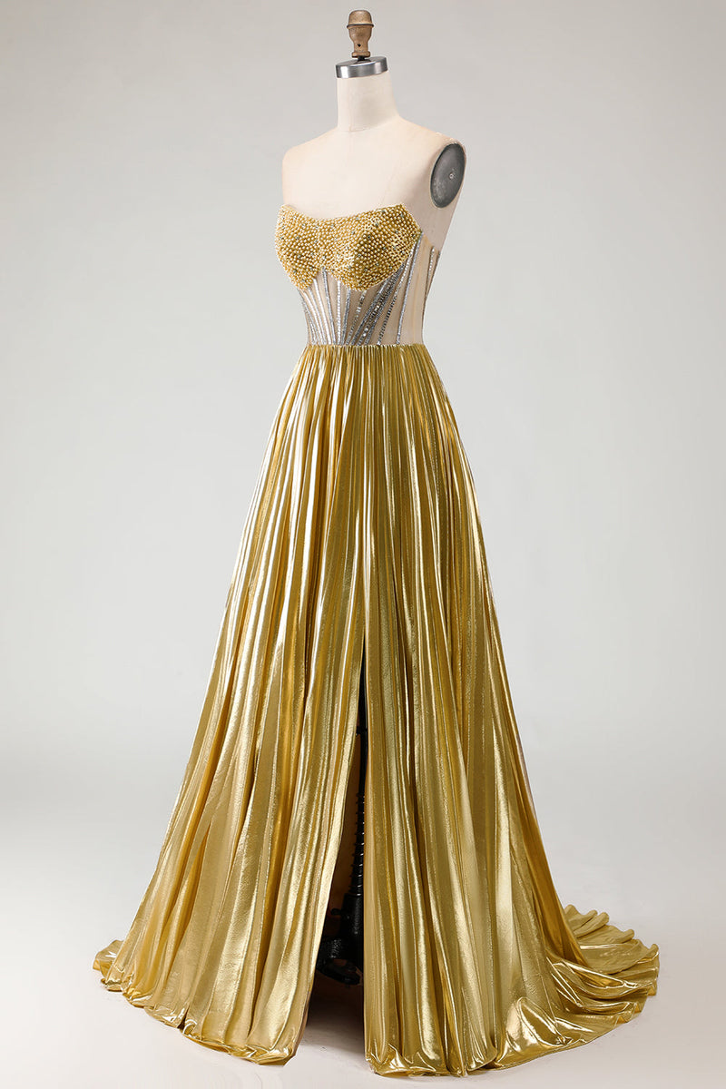 Load image into Gallery viewer, Sparkly Golden A Line Metallic Long Corset Prom Dress with Slit