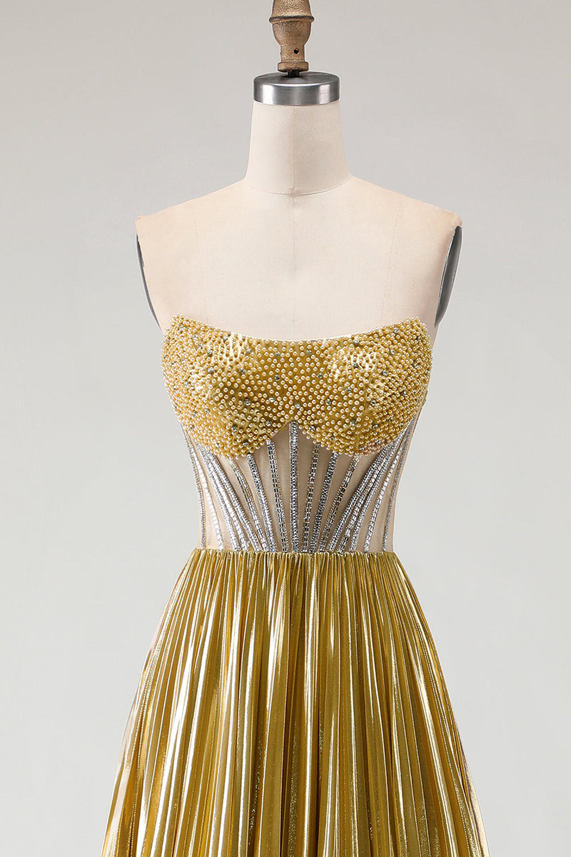 Load image into Gallery viewer, Sparkly Golden A Line Metallic Long Corset Prom Dress with Slit