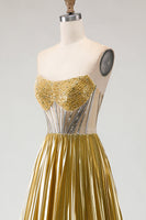 Load image into Gallery viewer, Sparkly Golden A Line Metallic Long Corset Prom Dress with Slit