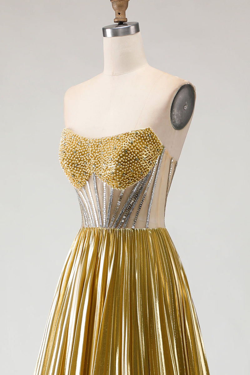Load image into Gallery viewer, Sparkly Golden A Line Metallic Long Corset Prom Dress with Slit