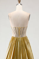Load image into Gallery viewer, Sparkly Golden A Line Metallic Long Corset Prom Dress with Slit