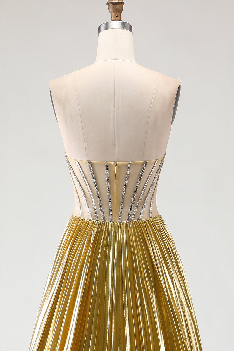 Load image into Gallery viewer, Sparkly Golden A Line Metallic Long Corset Prom Dress with Slit