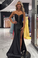 Load image into Gallery viewer, Black Mermaid Strapless Satin Long Corset Prom Dress with Slit