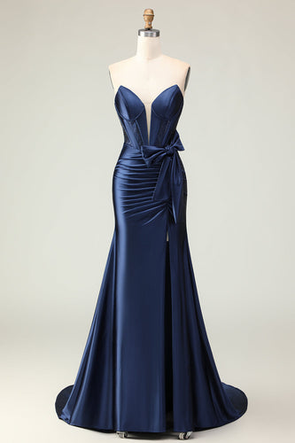 Navy Mermaid Strapless Corset Maxi Prom Dress with Slit