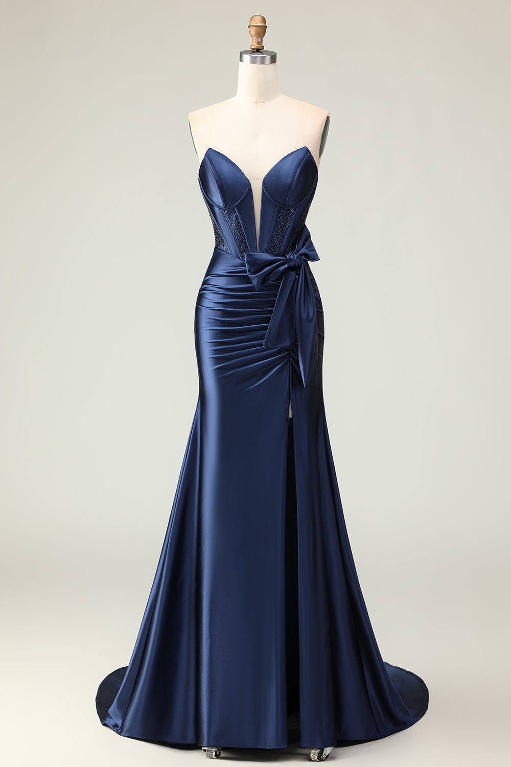 Navy Mermaid Strapless Corset Maxi Prom Dress with Slit