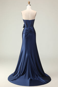 Navy Mermaid Strapless Corset Maxi Prom Dress with Slit