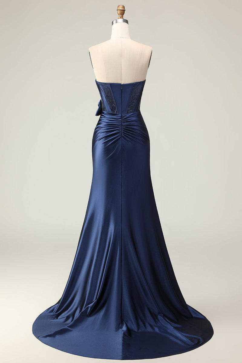 Load image into Gallery viewer, Navy Mermaid Strapless Corset Maxi Prom Dress with Slit