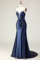 Load image into Gallery viewer, Navy Mermaid Strapless Corset Maxi Prom Dress with Slit