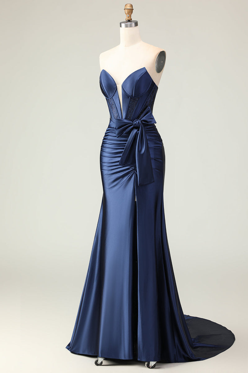 Load image into Gallery viewer, Navy Mermaid Strapless Corset Maxi Prom Dress with Slit