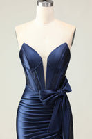 Load image into Gallery viewer, Navy Mermaid Strapless Corset Maxi Prom Dress with Slit