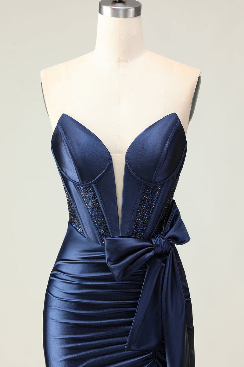 Load image into Gallery viewer, Navy Mermaid Strapless Corset Maxi Prom Dress with Slit