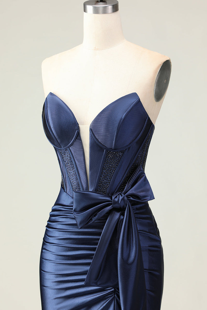 Load image into Gallery viewer, Navy Mermaid Strapless Corset Maxi Prom Dress with Slit