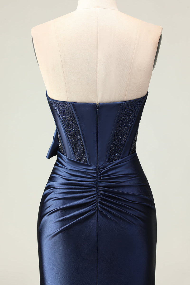Load image into Gallery viewer, Navy Mermaid Strapless Corset Maxi Prom Dress with Slit