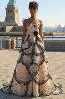 Load image into Gallery viewer, Sparkly Black and Apricot Strapless A-Line Long Prom Dress with Sequin