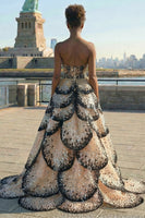 Load image into Gallery viewer, Sparkly Black and Apricot Strapless A-Line Long Prom Dress with Sequin