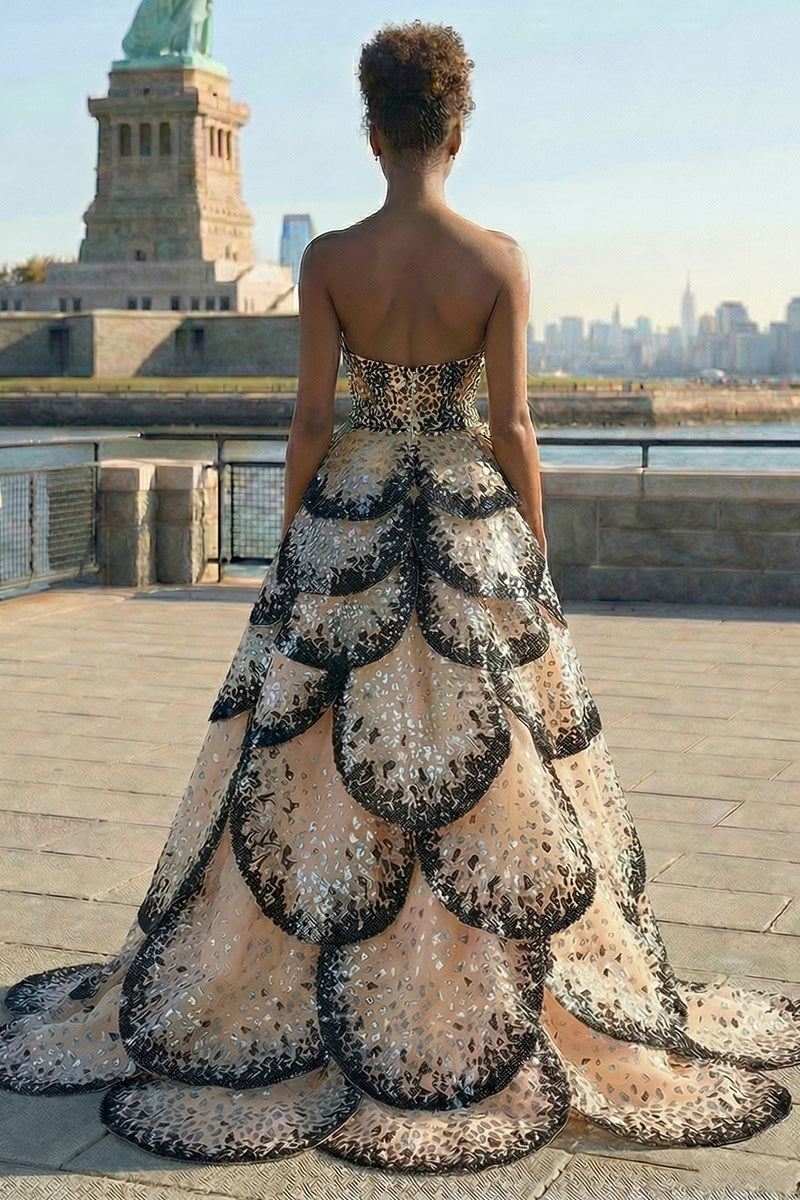 Load image into Gallery viewer, Sparkly Black and Apricot Strapless A-Line Long Prom Dress with Sequin