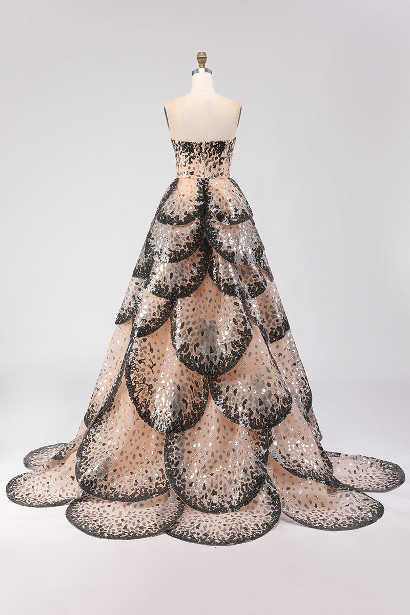 Load image into Gallery viewer, Sparkly Black and Apricot Strapless A-Line Long Prom Dress with Sequin