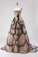 Load image into Gallery viewer, Sparkly Black and Apricot Strapless A-Line Long Prom Dress with Sequin