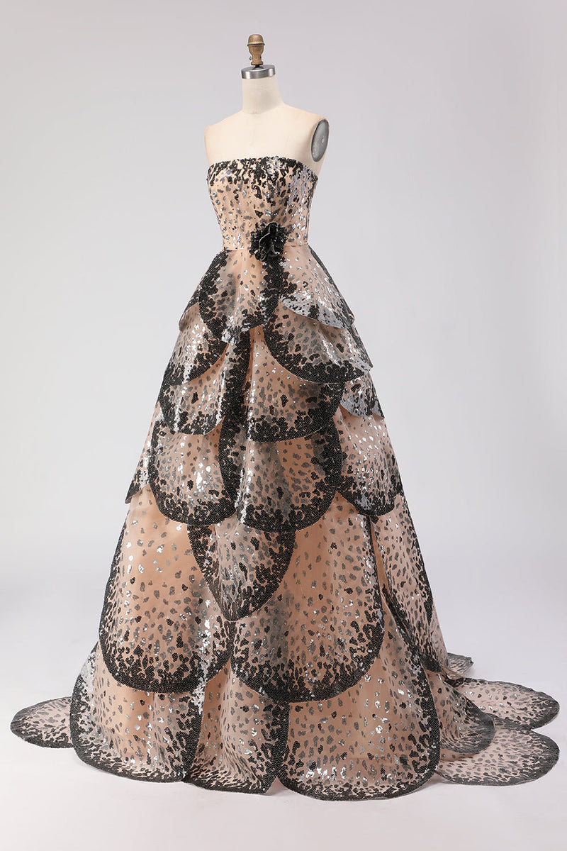 Load image into Gallery viewer, Sparkly Black and Apricot Strapless A-Line Long Prom Dress with Sequin