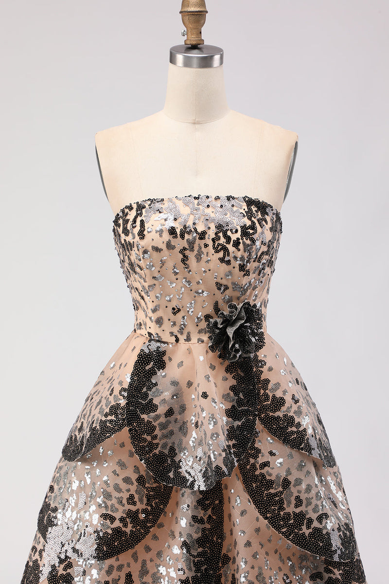 Load image into Gallery viewer, Sparkly Black and Apricot Strapless A-Line Long Prom Dress with Sequin