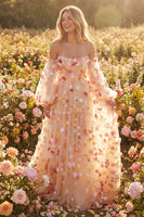Load image into Gallery viewer, Champagne Floral Tulle A Line Long Prom Dress with Detachable Sleeves