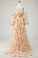 Load image into Gallery viewer, Champagne Floral Tulle A Line Long Prom Dress with Detachable Sleeves