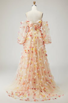 Champagne Floral Tulle A Line Long Prom Dress with Detachable Sleeves
