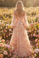 Load image into Gallery viewer, Champagne Floral Tulle A Line Long Prom Dress with Detachable Sleeves