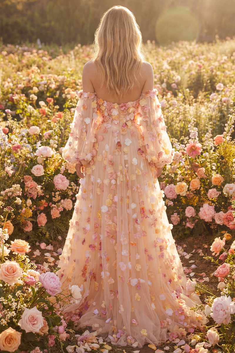 Load image into Gallery viewer, Champagne Floral Tulle A Line Long Prom Dress with Detachable Sleeves
