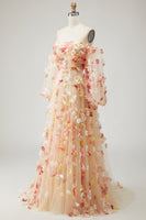 Load image into Gallery viewer, Champagne Floral Tulle A Line Long Prom Dress with Detachable Sleeves