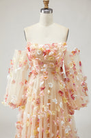 Load image into Gallery viewer, Champagne Floral Tulle A Line Long Prom Dress with Detachable Sleeves