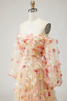 Load image into Gallery viewer, Champagne Floral Tulle A Line Long Prom Dress with Detachable Sleeves