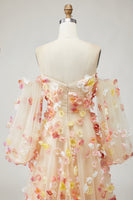Load image into Gallery viewer, Champagne Floral Tulle A Line Long Prom Dress with Detachable Sleeves
