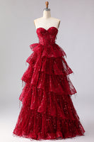 Load image into Gallery viewer, Sparkly Burgundy A Line Sequin Long Corset Prom Dress with Ruffles