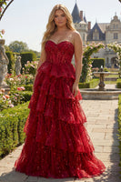 Load image into Gallery viewer, Sparkly Plus Size Burgundy Sequin A Line Long Corset Prom Dress with Ruffles