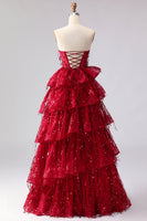 Load image into Gallery viewer, Sparkly Burgundy A Line Sequin Long Corset Prom Dress with Ruffles