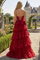 Load image into Gallery viewer, Sparkly Plus Size Burgundy Sequin A Line Long Corset Prom Dress with Ruffles