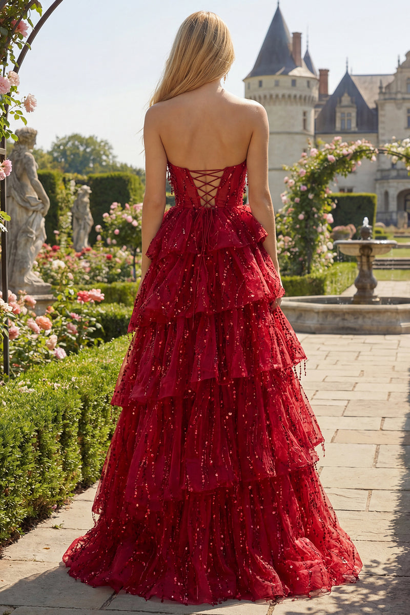 Load image into Gallery viewer, Sparkly Plus Size Burgundy Sequin A Line Long Corset Prom Dress with Ruffles